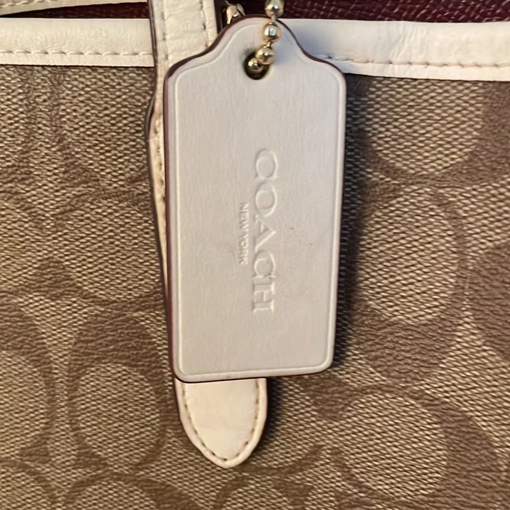 Coach Brown Signature Canvas Tote with Pink, Orange & Red LOVE Appliqué
